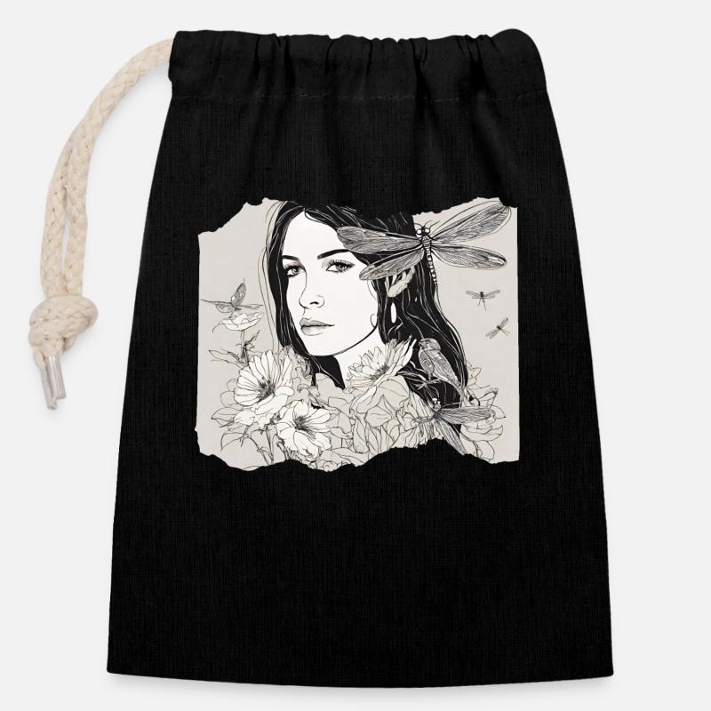 Fille avec libellule dans les cheveux - Sac cadeau en coton avec cordon (14 x 20 cm) - noir