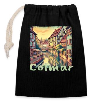 Colmar France Vieille ville Canal Vieux bâtiment Vacances - Sac cadeau en coton avec cordon (14 x 20 cm) - noir - Devant