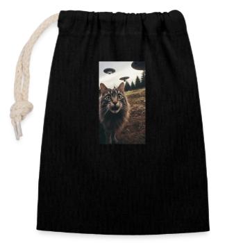 Funny Cat Selfie Scared with Ufos in Background - Closable cotton gift bag (14x20cm) - black - Front