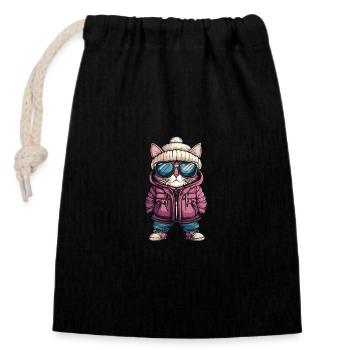 Chat d’hiver - Sac cadeau en coton avec cordon (14 x 20 cm) - noir - Devant