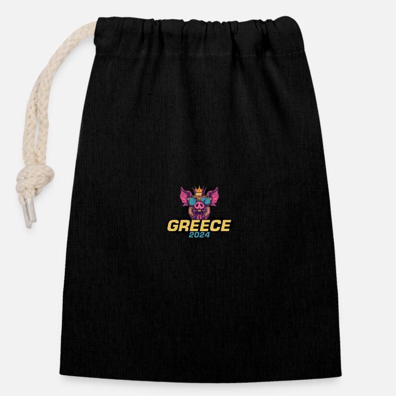 Grèce 2024 Cochon de fête - Sac cadeau en coton avec cordon (14 x 20 cm) - noir