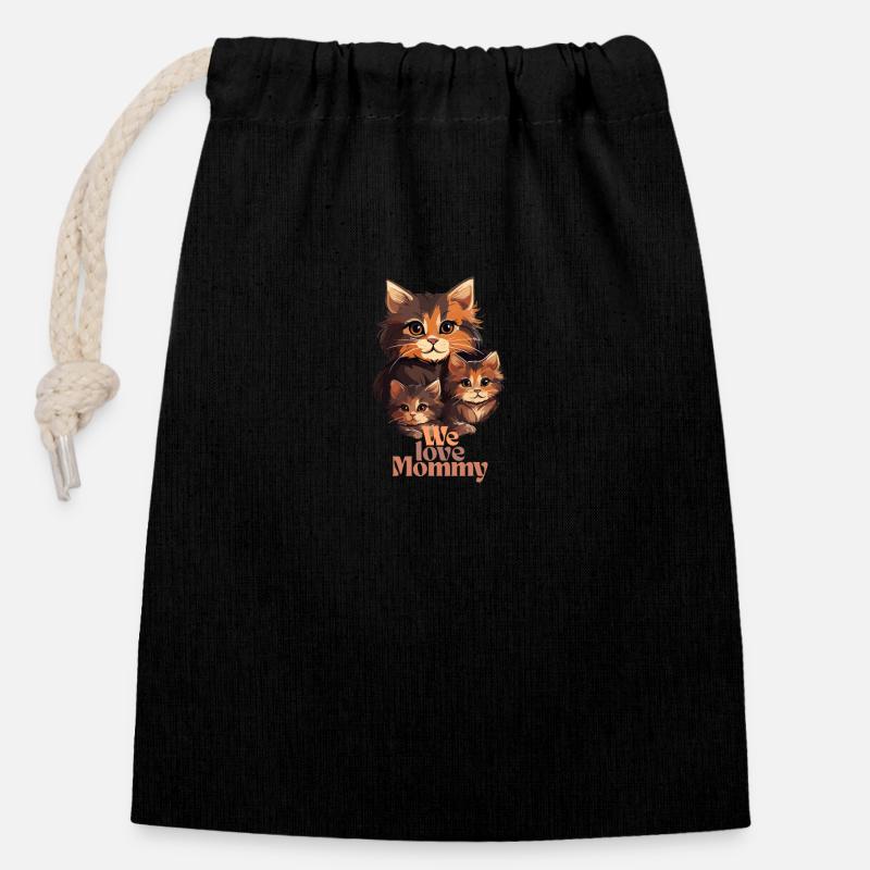 Cat - We love mummy - Closable cotton gift bag (14x20cm) - black