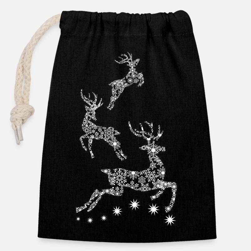 Renos de Navidad - Rennes de Noël - Sac cadeau en coton avec cordon (14 x 20 cm) - noir
