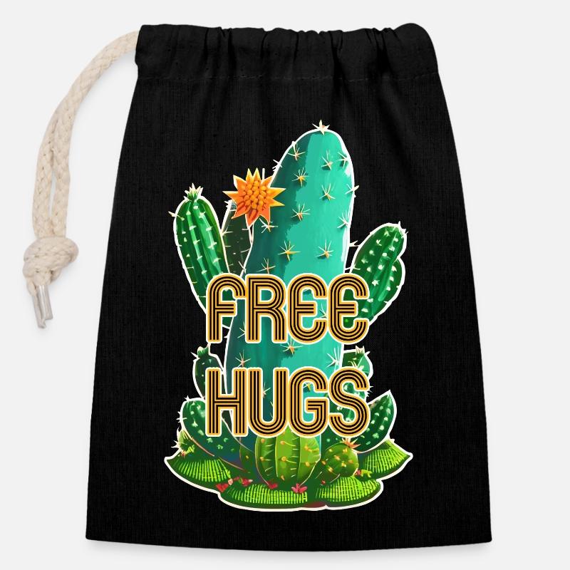 Free Hugs - Cactus - Closable cotton gift bag (14x20cm) - black