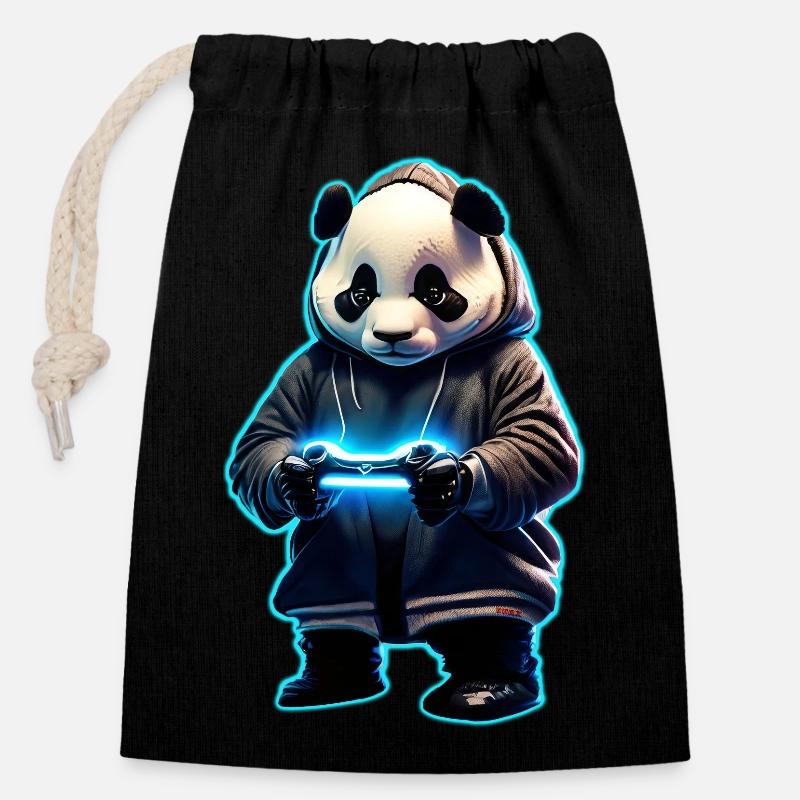 Panda Gamer - Closable cotton gift bag (14x20cm) - black