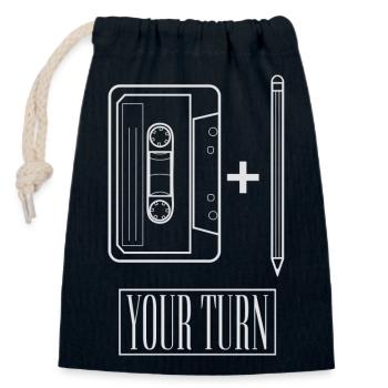 Retro cassette plus pen in white - Closable cotton gift bag (14x20cm) - navy - Front