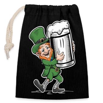Bierliebender Leprechaun (Irischer Kobold) - Verschließbarer Geschenkbeutel aus Baumwolle (14x20cm) - Schwarz - Vorne