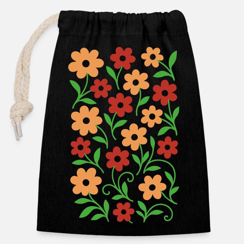 Retro Boho Blumenmuster - Herbsttöne Blumen - Verschließbarer Geschenkbeutel aus Baumwolle (14x20cm) - Schwarz