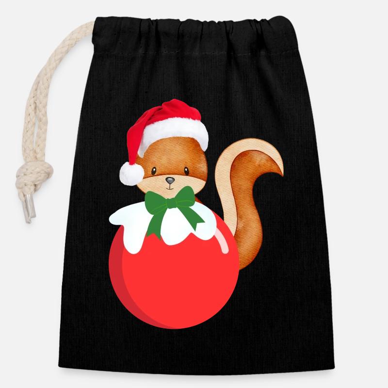 Noël Écureuil, Noël, Écureuil - Sac cadeau en coton avec cordon (14 x 20 cm) - noir