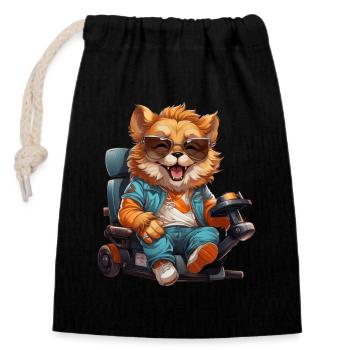 Patrick, le lion sauvage et de bonne humeur en fauteuil roulant. - Sac cadeau en coton avec cordon (14 x 20 cm) - noir - Devant