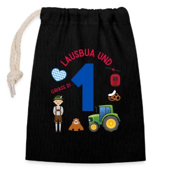 Lausbua und 1 - Verschließbarer Geschenkbeutel aus Baumwolle (14x20cm) - Schwarz - Vorne