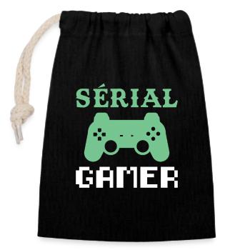 Serial Gamer Humor Console Video Games Teen Geek - Closable cotton gift bag (14x20cm) - black - Front