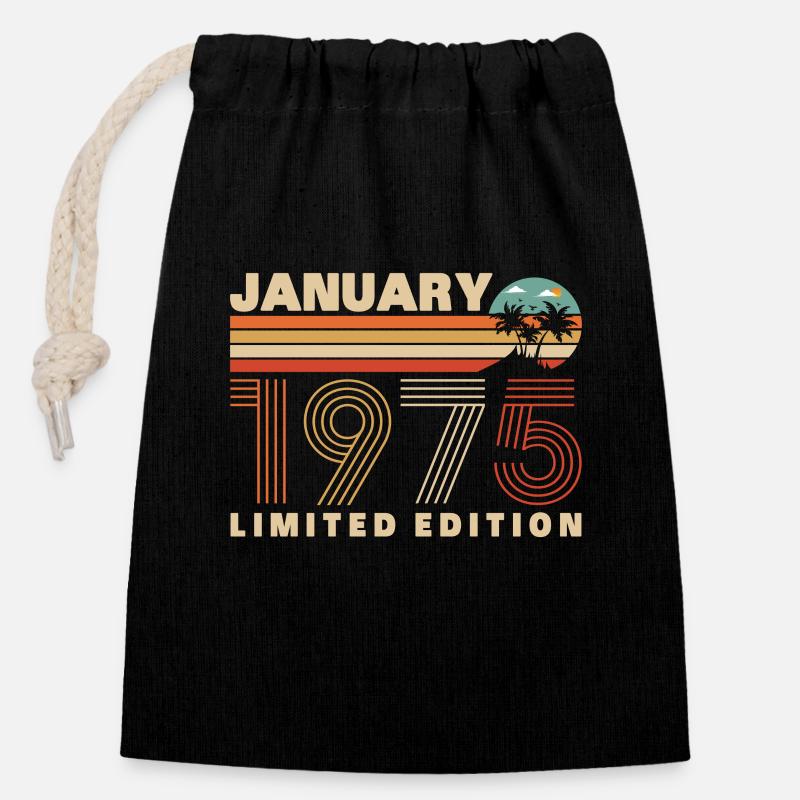 Vintage Janvier 1975 Cadeau D'anniversaire - Sac cadeau en coton avec cordon (14 x 20 cm) - noir