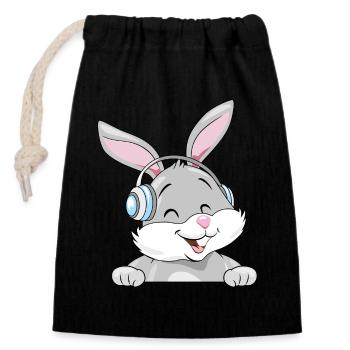 Lachender Hase mit Kopfhörern - Verschließbarer Geschenkbeutel aus Baumwolle (14x20cm) - Schwarz - Vorne