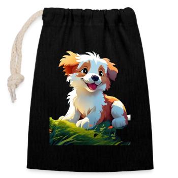 Chien heureux - Sac cadeau en coton avec cordon (14 x 20 cm) - noir - Devant