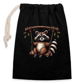 Raccoon on swing pensive playground - Closable cotton gift bag (14x20cm) - black - Front