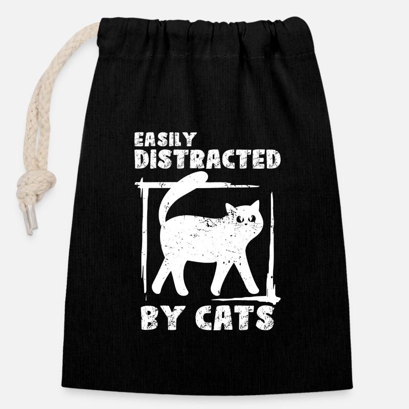 Easily Distracted By Cats | Funny Pet Lovers - Closable cotton gift bag (14x20cm) - black