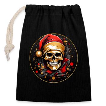 Frohe Weihnacht Skull mit Nikolausmütze - Verschließbarer Geschenkbeutel aus Baumwolle (14x20cm) - Schwarz - Vorne