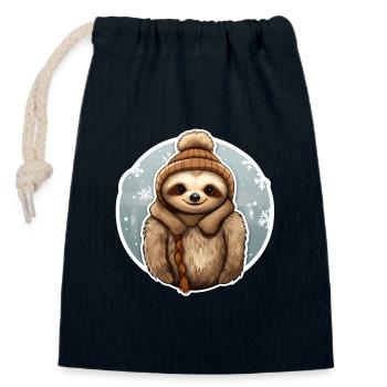 Paresseux en hiver - Sac cadeau en coton avec cordon (14 x 20 cm) - bleu marine - Devant
