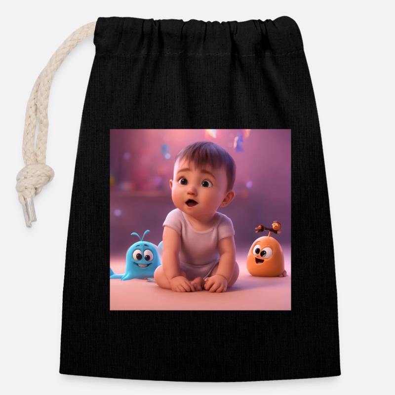bébé mignon avec des créatures - Sac cadeau en coton avec cordon (14 x 20 cm) - noir