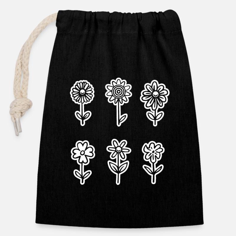 Fleur - Sac cadeau en coton avec cordon (14 x 20 cm) - noir