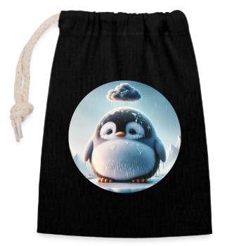 Petit Pingouin Triste sous la Pluie - Sac cadeau en coton avec cordon (14 x 20 cm) - noir - Devant