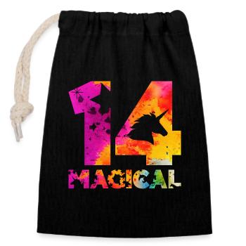 MAGICAL 14TH BIRTHDAY UNICORN - Closable cotton gift bag (14x20cm) - black - Front