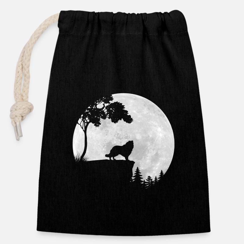 Vollmond - Nacht - Collie Hund Silhouette - Verschließbarer Geschenkbeutel aus Baumwolle (14x20cm) - Schwarz