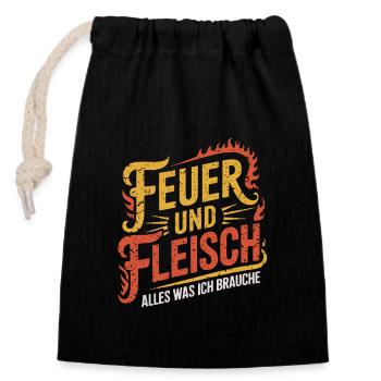Feuer und Fleisch Grill BBQ - Verschließbarer Geschenkbeutel aus Baumwolle (14x20cm) - Schwarz - Vorne