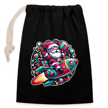 Funny Santa Claus comes with the spaceship - Closable cotton gift bag (14x20cm) - black - Front