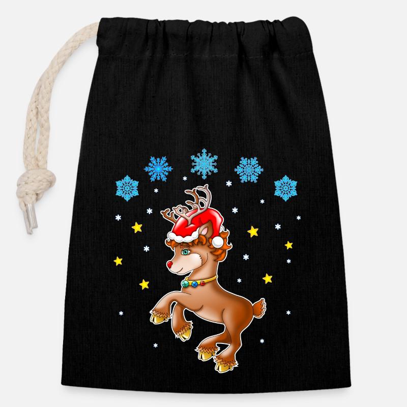 Reindeer Rudolf with Santa hat - Closable cotton gift bag (14x20cm) - black