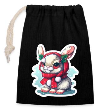 Lapin de Noël avec chapeau et foulard - Sac cadeau en coton avec cordon (14 x 20 cm) - noir - Devant