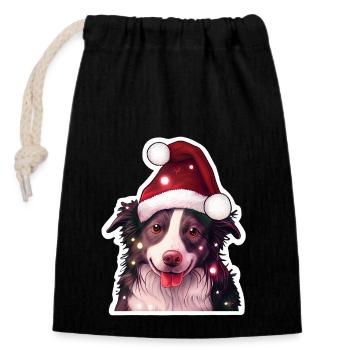 Border Collie en tenue de Noël - Sac cadeau en coton avec cordon (14 x 20 cm) - noir - Devant