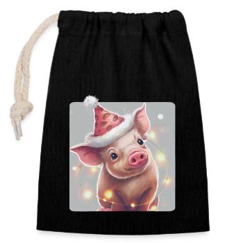 Porcelet avec chapeau de Noël - Sac cadeau en coton avec cordon (14 x 20 cm) - noir - Devant