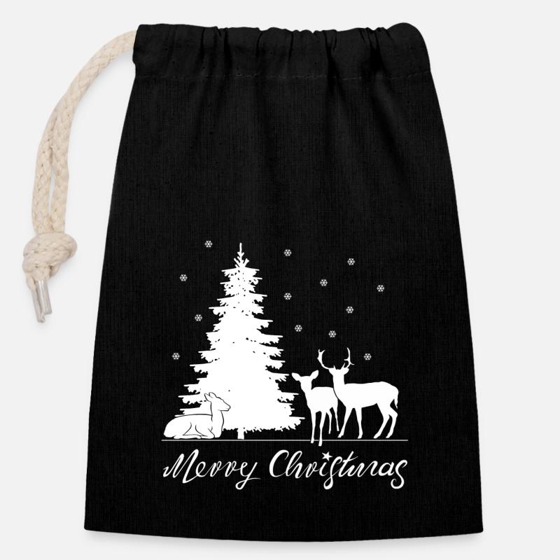 Deer under the Christmas tree - Closable cotton gift bag (14x20cm) - black