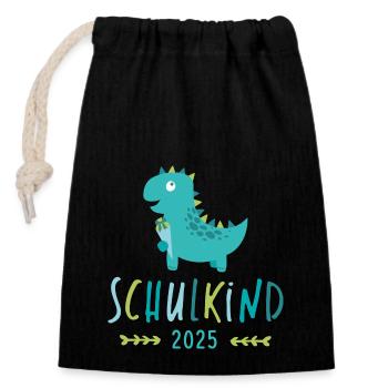 Schulkind 2025 Dino - Verschließbarer Geschenkbeutel aus Baumwolle (14x20cm) - Schwarz - Vorne