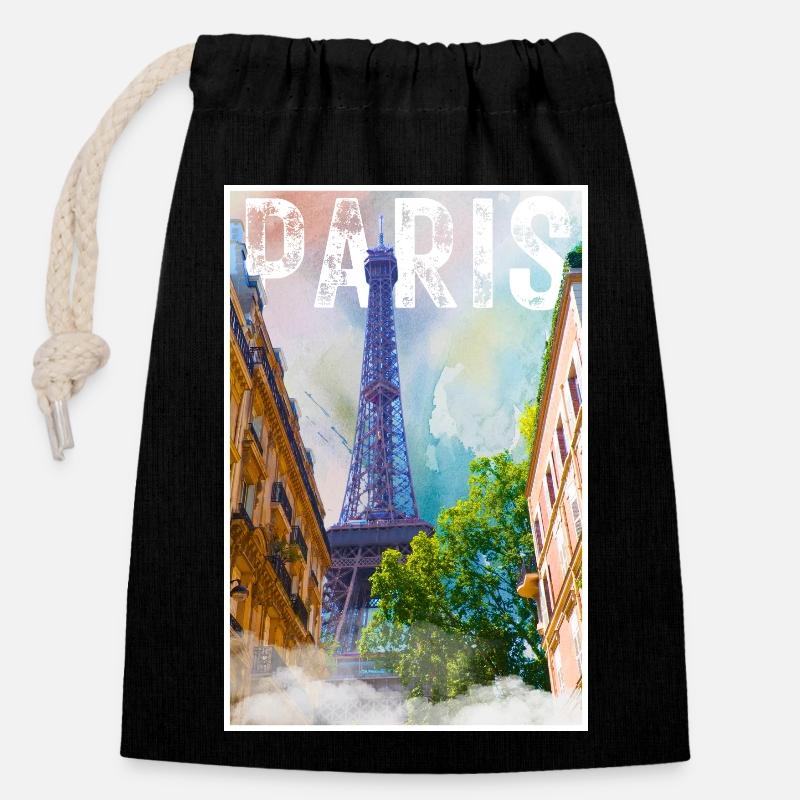 Paris Vintage Tour Eiffel Affiche de voyage - Sac cadeau en coton avec cordon (14 x 20 cm) - noir