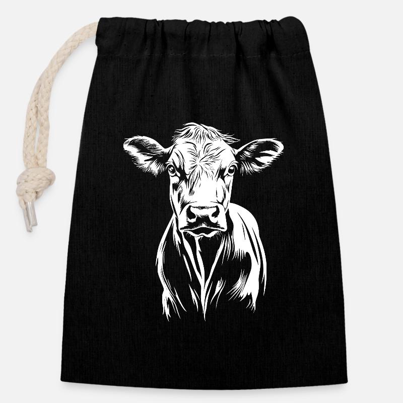 Vache Minimaliste - Sac cadeau en coton avec cordon (14 x 20 cm) - noir