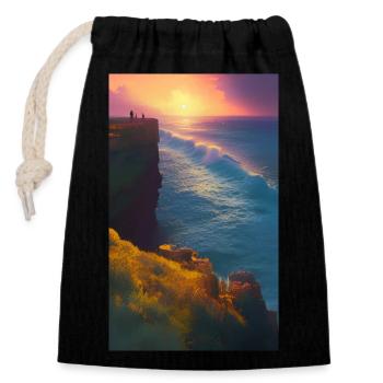 Klippe am Meer mit Sonnenuntergang - Verschließbarer Geschenkbeutel aus Baumwolle (14x20cm) - Schwarz - Vorne