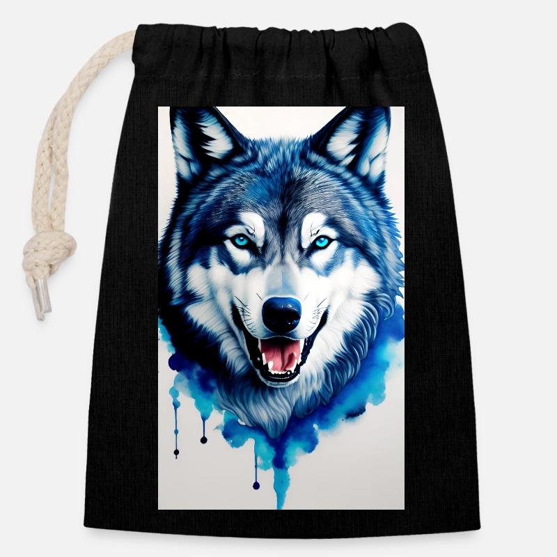 blauer Wolf - Verschließbarer Geschenkbeutel aus Baumwolle (14x20cm) - Schwarz