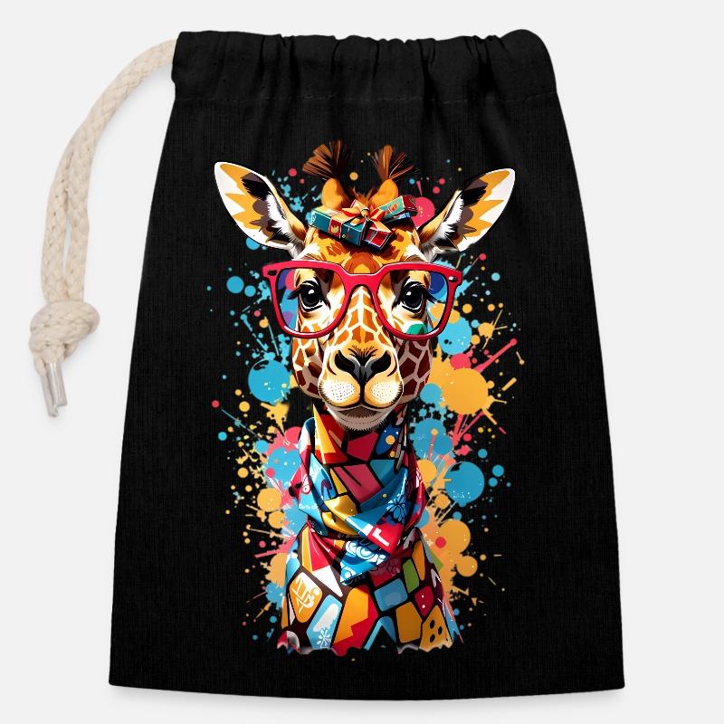 Girafe cool - Sac cadeau en coton avec cordon (14 x 20 cm) - noir