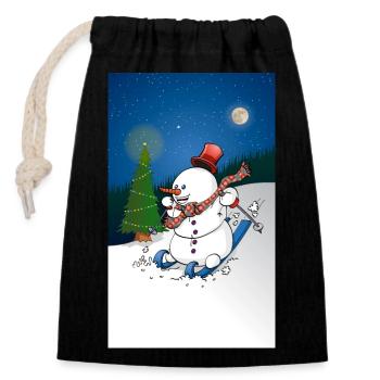 Illustration eines fröhlichen Schneemanns auf Skiern - Verschließbarer Geschenkbeutel aus Baumwolle (14x20cm) - Schwarz - Vorne
