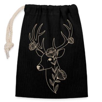 Eleganter Hirsch mit floraler Verzierung - Verschließbarer Geschenkbeutel aus Baumwolle (14x20cm) - Schwarz - Vorne