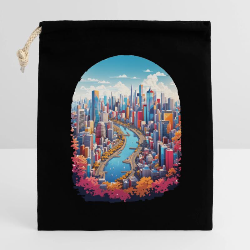Paysage urbain Sac cadeau en coton avec cordon (14 x 20 cm)