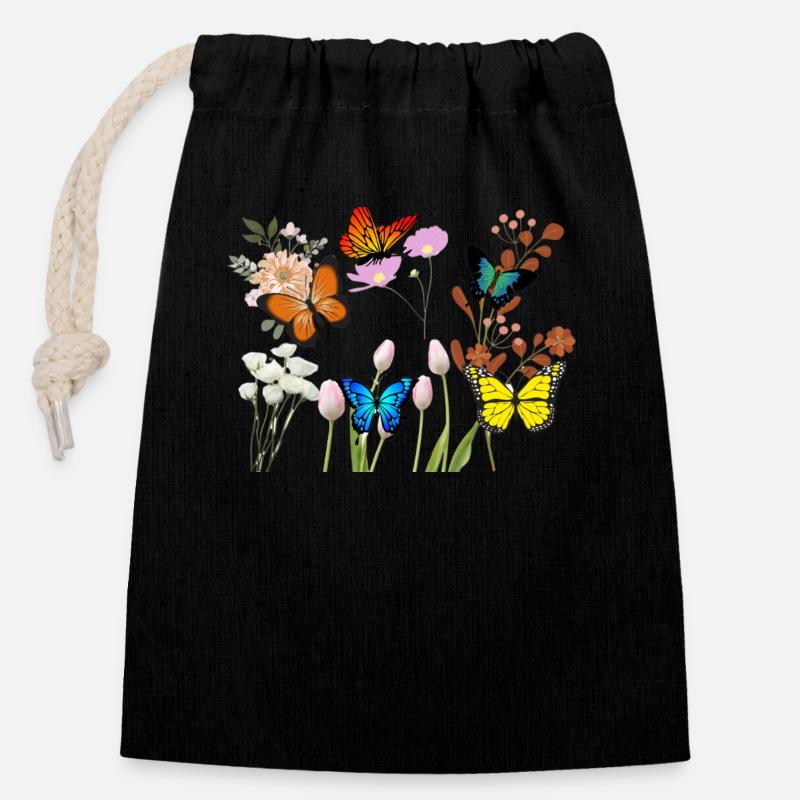 fleurs - Sac cadeau en coton avec cordon (14 x 20 cm) - noir