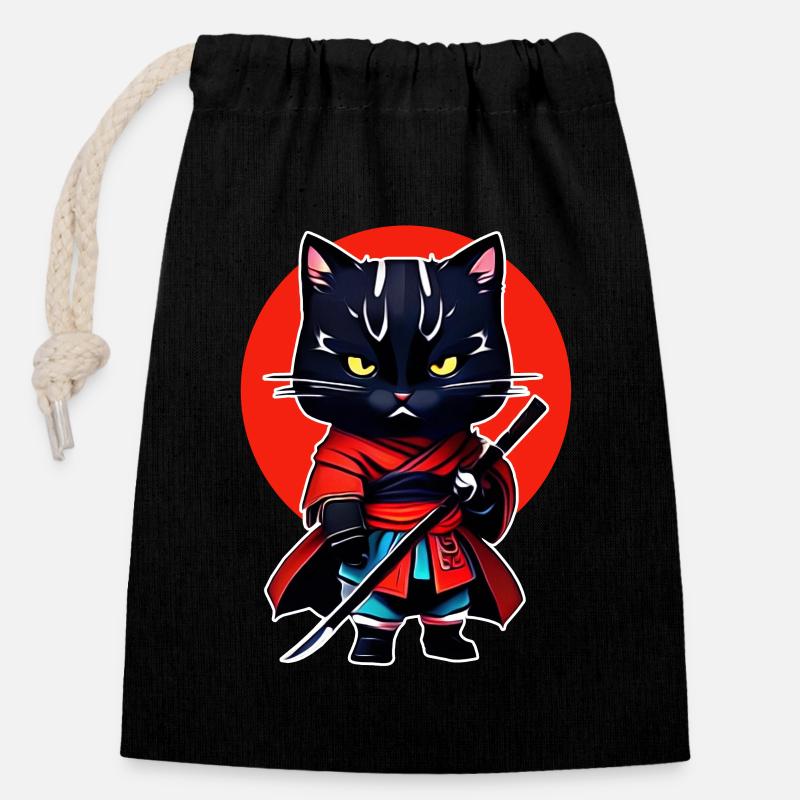 Samurai cat - Closable cotton gift bag (14x20cm) - black