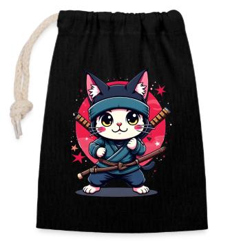 Chat Ninja Japonais Kawaii - Sac cadeau en coton avec cordon (14 x 20 cm) - noir - Devant