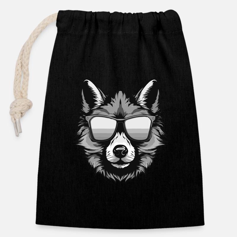 Loup Hipster Cool Party - Sac cadeau en coton avec cordon (14 x 20 cm) - noir