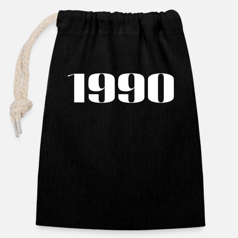 1990 - Cadeau né en 1990 - Sac cadeau en coton avec cordon (14 x 20 cm) - noir