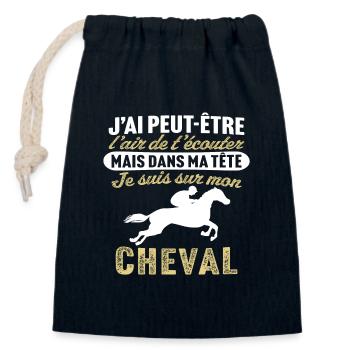 dans ma tête je suis sur mon cheval - Sac cadeau en coton avec cordon (14 x 20 cm) - bleu marine - Devant
